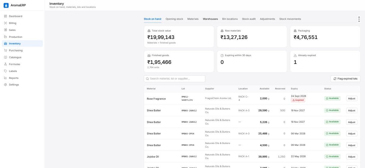 AromaERP inventory by lot, supplier, rack location and expiry