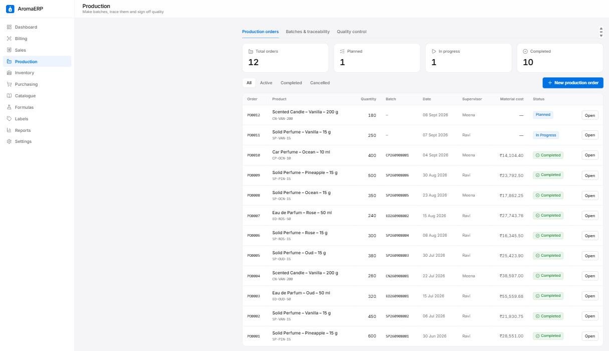 AromaERP production orders with batch numbers, material cost and status