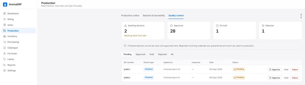 AromaERP quality control queue with approve, hold and reject