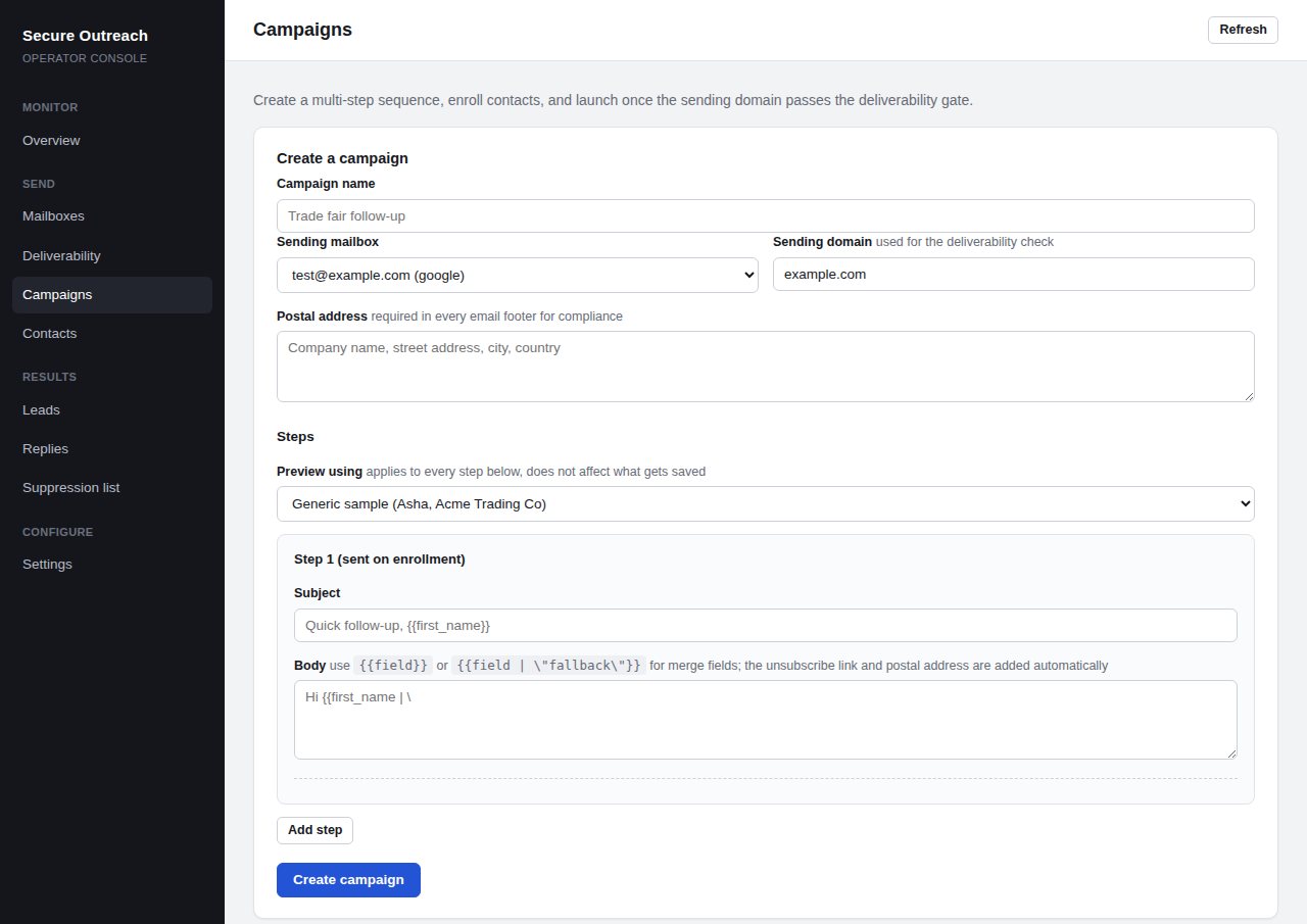 Secure Outreach campaign builder with sending mailbox, domain, postal address and a multi-step sequence
